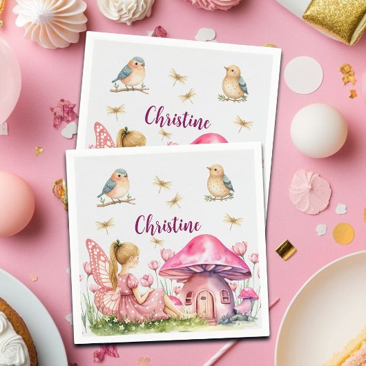 名前をカスタムするピンクフェアリーマッシュルーム スタンダードカクテルナプキン