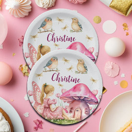 名前をカスタムするピンクフェアリーマッシュルーム ペーパープレート