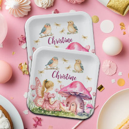 名前をカスタムするピンクフェアリーマッシュルーム ペーパープレート