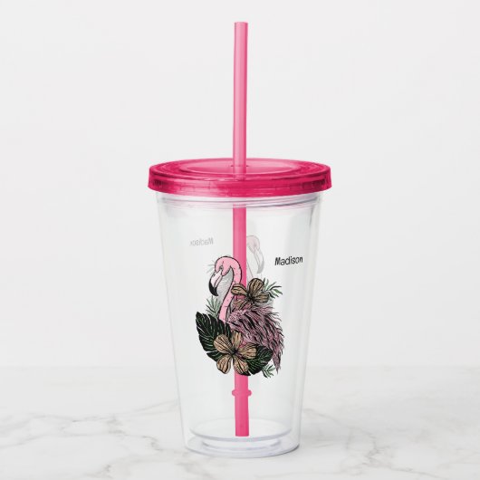 名前をカスタムするピンクフラミンゴ アクリルタンブラー (正面)
