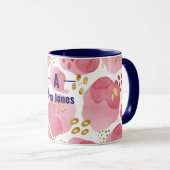 名前をカスタムするピンクフローラマグカップ – 水彩イニシャル マグカップ (正面右)