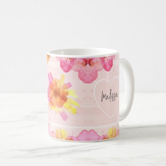 名前をカスタムするピンクフローラ水彩 コーヒーマグカップ (正面右)