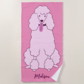 名前をカスタムするピンクプードル ビーチタオル (正面)