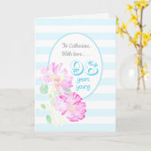 名前をカスタムするピンクローストライプズアンド98th誕生日 カード (黄色い花)