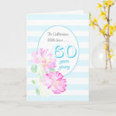 名前をカスタムするピンクローズストライプズ&誕生日60 カード (黄色い花)