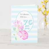 名前をカスタムするピンクローズストライプズ&誕生日75 カード (黄色い花)