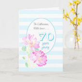 名前をカスタムするピンクローズ&ストライプ誕生日70th カード (黄色い花)