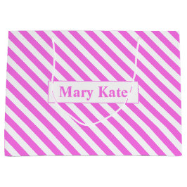 名前をカスタムするピンク/白ストライプ色 ラージペーパーバッグ