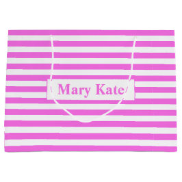 名前をカスタムするピンク/白ストライプ色 ラージペーパーバッグ