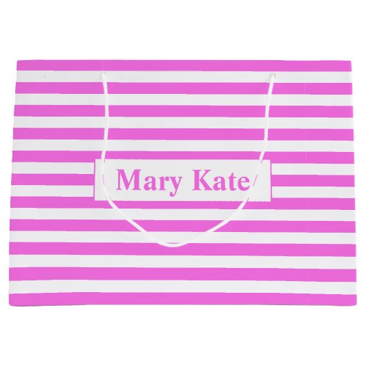 名前をカスタムするピンク/白ストライプ色 ラージペーパーバッグ (正面)