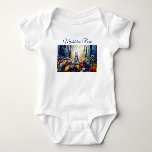 名前をカスタムするピーターイースターバニーとイースターエッグ ベビーボディスーツ (正面)