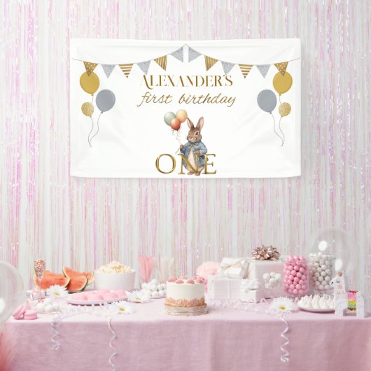 名前をカスタムするピーターザラビットファースト誕生日 横断幕 (パーティー)