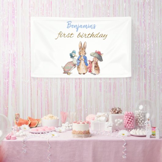 名前をカスタムするピーターザラビットファースト誕生日 横断幕 (パーティー)