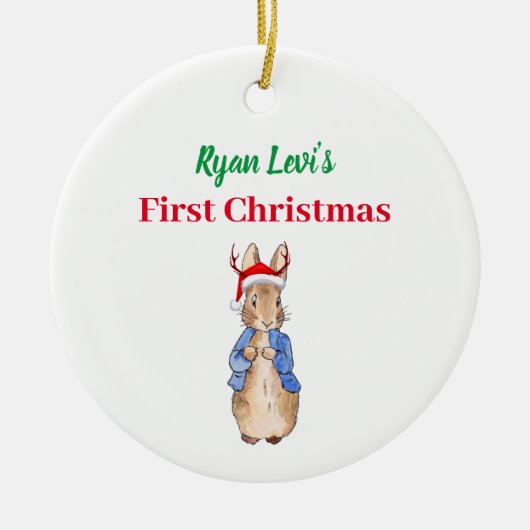 名前をカスタムするピーターザラビット初めてのクリスマス セラミックオーナメント (正面)