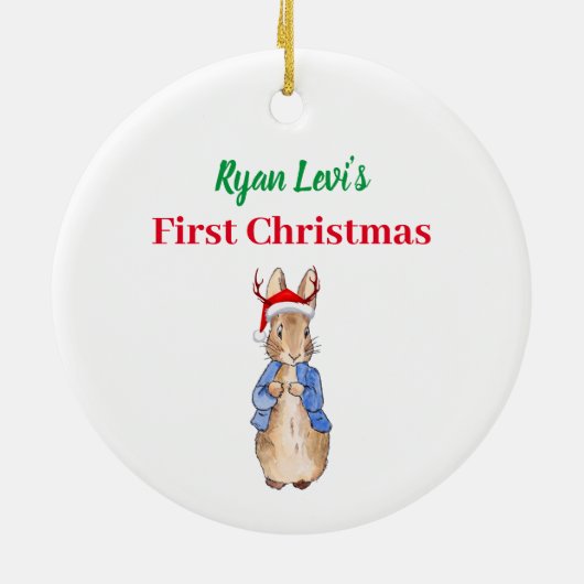 名前をカスタムするピーターザラビット初めてのクリスマス セラミックオーナメント (裏面)