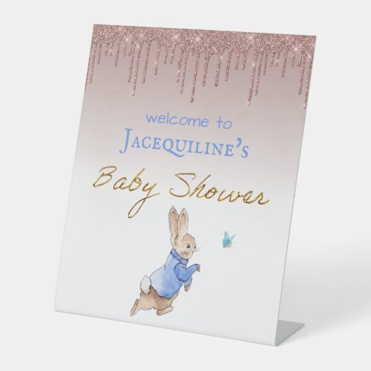 名前をカスタムするピーターベビーブシャワーピンクの輝き 台座サイン (正面)