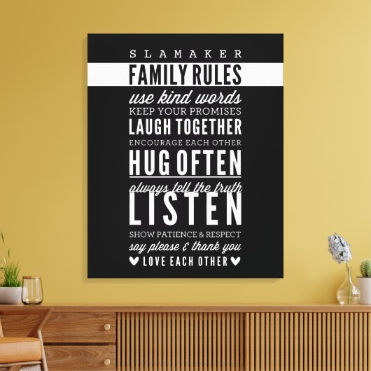 名前をカスタムするファミリルールモダンタイポグラフィはっきりした キャンバスプリント (インサイチュ (リビング))