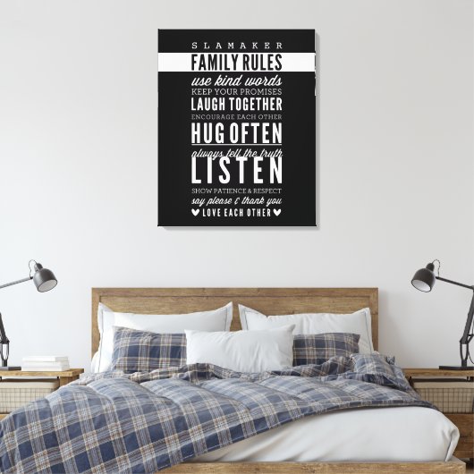 名前をカスタムするファミリルールモダンタイポグラフィはっきりした キャンバスプリント (インサイチュ (寝室))