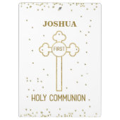 名前をカスタムするファーストホーリーコミュニオン金ゴールドルッククロス クリップボード (裏面)