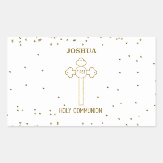 名前をカスタムするファーストホーリーコミュニオン金ゴールドルッククロス 長方形シール (正面)