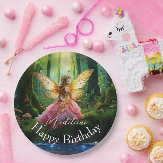 名前をカスタムするフェアリーウッドランドフォレストハッピーバースデー ペーパープレート (パーティー)