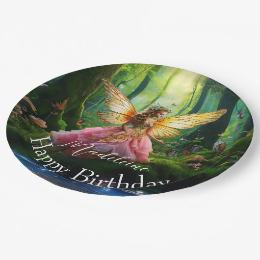 名前をカスタムするフェアリーウッドランドフォレストハッピーバースデー ペーパープレート (アングル)