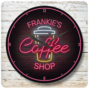 名前をカスタムするフェイクネオンサインレトロコーヒーショップ ラウンド壁時計