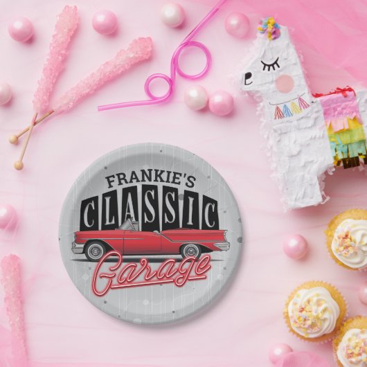 名前をカスタムするフェイクネオン1950のクラシック車庫 ペーパープレート (パーティー)