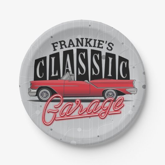名前をカスタムするフェイクネオン1950のクラシック車庫 ペーパープレート (正面)