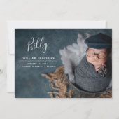 名前をカスタムするフォトコラージュ男の赤ちゃん生まれたばかりの誕生 案内状 (正面)