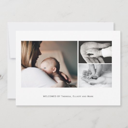 名前をカスタムするフォトコラージュ男の赤ちゃん生まれたばかりの誕生 案内状 (裏面)