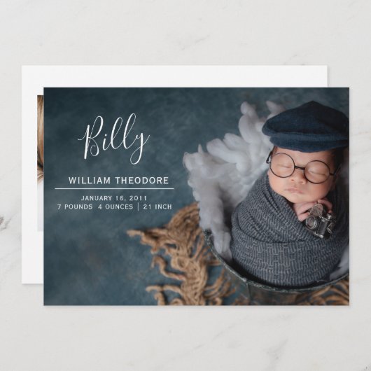 名前をカスタムするフォトコラージュ男の赤ちゃん生まれたばかりの誕生 案内状 (正面/裏面)