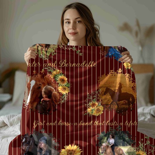 名前をカスタムするフォトホースペットブルゴーニュストライプの フリースブランケット