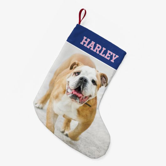 名前をカスタムするフォトレトロタイポグラフィネイビーピンク スモールクリスマスストッキング (正面 (吊り時))