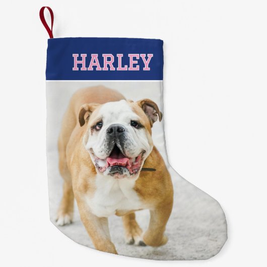 名前をカスタムするフォトレトロタイポグラフィネイビーピンク スモールクリスマスストッキング (正面)