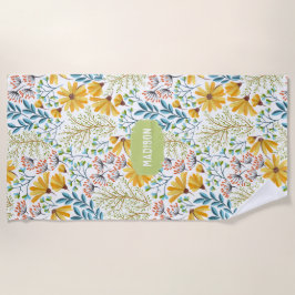 名前をカスタムするフラワーイラストレーションビーチタオル ビーチタオル