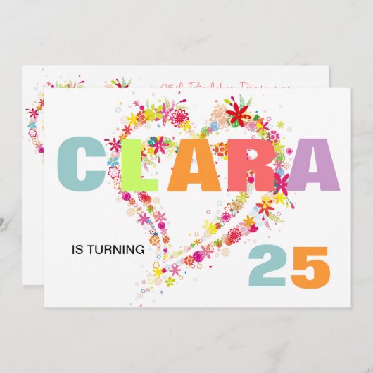 名前をカスタムするフラワーリースハート誕生日招待状 招待状 (正面/裏面)