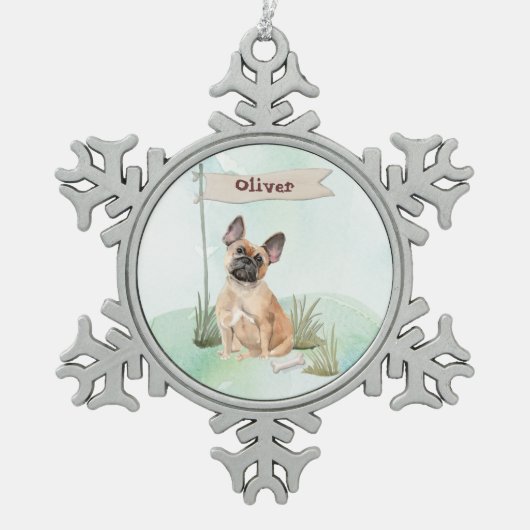 名前をカスタムするフランスのブルドッグペット スノーフレークピューターオーナメント (正面)