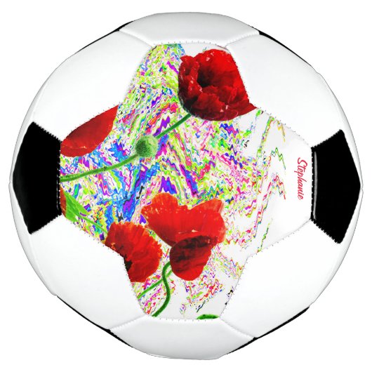 名前をカスタムするフローラポピーカラフルアート花 サッカーボール (回転)