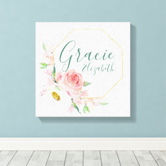 名前をカスタムするフローラ子供部屋標識 キャンバスプリント (インサイチュ (ウッドフロア))