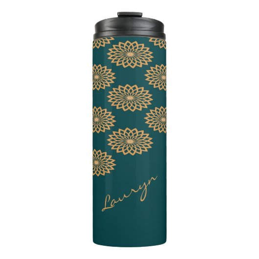 名前をカスタムするブラウンフローラプリントオン緑 タンブラー (正面)