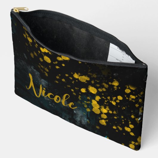 名前をカスタムするブラックイエローウォーター色の流体スプラッシュ アクセサリーポーチ (見開き)