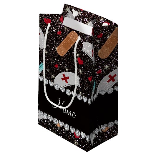 名前をカスタムするブラックグリッターナースハットハート スモールペーパーバッグ (正面アングル)