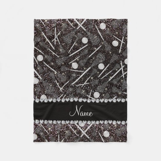 名前をカスタムするブラックグリッターラクロススティック フリースブランケット (正面)