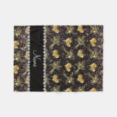 名前をカスタムするブラックグリッター金ゴールドバラハート フリースブランケット (正面(横))