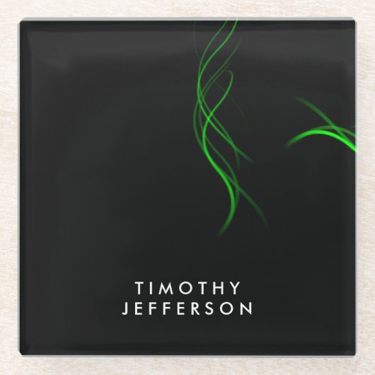 名前をカスタムするブラックグリーンカーエレガントブモダン ガラスコースター (正面)