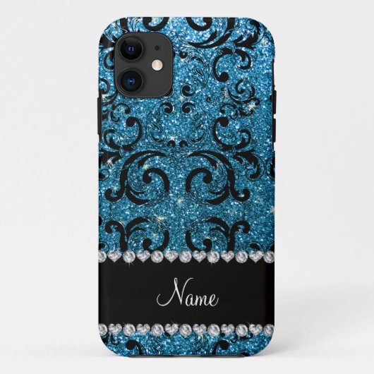 名前をカスタムするブラックスカイブルーグリッターダマスク Case-Mate iPhoneケース (裏面)
