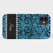 名前をカスタムするブラックスカイブルーグリッターダマスク Case-Mate iPhoneケース (裏面(横))