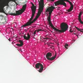 名前をカスタムするブラックネオンホットピンクグリッターダマスク フリースブランケット (角)