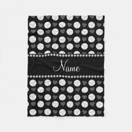 名前をカスタムするブラックバレーボールとハート フリースブランケット (正面)